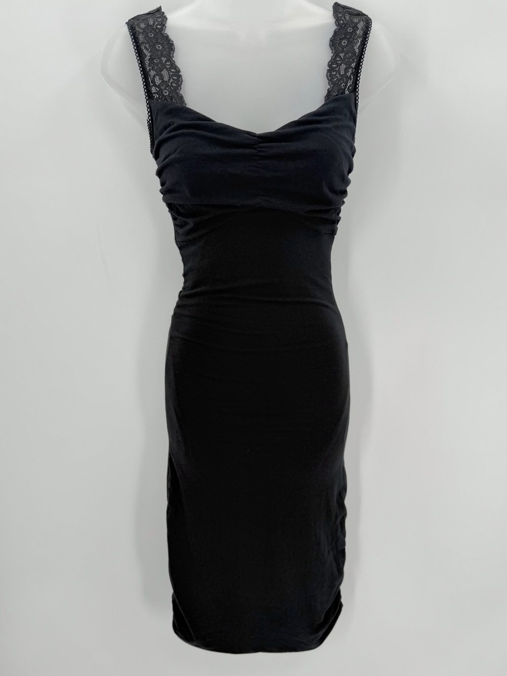 Express Dress Women’s XS Black Bodycon Ruched Lace Straps Romantic Goth Stretch